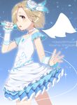  bags_under_eyes bare_shoulders blonde_hair blush brown_eyes choker commentary_request dress hair_over_one_eye highres idolmaster idolmaster_cinderella_girls looking_at_viewer microphone open_mouth shirasaka_koume short_hair snowflyer solo white_dress 