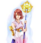  blue_eyes bra brown_hair decom detached_sleeves final_fantasy final_fantasy_x green_eyes hair_ornament hakama heterochromia holding holding_wand japanese_clothes jewelry necklace short_hair smile solo staff underwear wand white_background yuna_(ff10) 