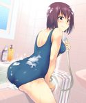  arm_support ass back bangs bare_arms bare_shoulders bath bathing bathtub blue_swimsuit blush bottle breasts closed_mouth cowboy_shot dutch_angle eyebrows eyebrows_visible_through_hair from_side gradient halftone holding hose indoors kanata_(kanata_onion) leaning_forward light_smile looking_at_viewer looking_back medium_breasts one-piece_swimsuit original pink_eyes purple_hair school_swimsuit short_hair shower_head sink sitting skin_tight soap_bottle soap_bubbles solo straddling striped suggestive_fluid swimsuit tile_wall tiles towel upright_straddle water wet window 