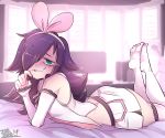  1girl a.i._channel ass black_hair bow cosplay green_eyes hair_over_one_eye hairband huge_ass indoors inkbuns kizuna_ai kizuna_ai_(cosplay) kuroki_tomoko long_hair looking_at_viewer lying on_stomach parted_lips pink_bow pink_hairband shorts solo sweat teeth the_pose thighhighs watashi_ga_motenai_no_wa_dou_kangaetemo_omaera_ga_warui! wavy_mouth white_legwear white_shorts 