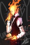  2016 adjusting_eyewear armlet artist_name bow bowtie character_name collared_shirt copyright_name cowboy_shot dress_shirt elemental_(creature) fire food french_fries from_side glasses grillby hamburger highres lalalaleng long_sleeves male_focus profile shirt signature sleeve_garters solo undertale vest white_shirt 