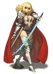  armor bangs belt blonde_hair blue_eyes blunt_bangs breasts cape cleavage elf fingerless_gloves full_body gloves gurimjang highres knight large_breasts leotard looking_at_viewer original parted_lips pinky_out pointy_ears sheath smile solo sword weapon 