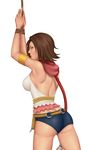  1girl armlet ass back blue_eyes bound_wrists braid breasts brown_hair deareditor denim denim_shorts final_fantasy final_fantasy_x final_fantasy_x-2 from_behind long_hair looking_back short_shorts shorts solo very_long_hair wristband yuna 