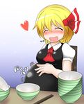  :d ^_^ ascot asheta7 belly_rub big_belly blonde_hair blush bowl bowl_stack breasts burp chopsticks closed_eyes commentary fat food full_stomach hair_ribbon happy heart highres is_that_so medium_breasts open_mouth ribbon rumia short_hair smile solo touhou 