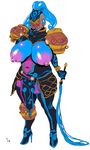  aquarius_zodiarts armor blue_skin blush breasts gigantic_breasts helmet high_heels kamen_rider kamen_rider_fourze_(series) monster_girl navel nipples nude ponytail solo whip 