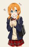  :d alternate_hairstyle bad_id bad_twitter_id bag bespectacled blue_eyes can cowboy_shot glasses heart holding holding_can kousaka_honoka looking_at_viewer love_live! love_live!_school_idol_project low_twintails open_mouth orange_hair plaid plaid_skirt pleated_skirt red_skirt school_bag shiina_kuro shoulder_bag simple_background skirt sleeves_past_wrists smile solo standing twintails white_background 