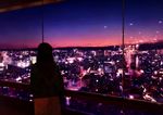  black_hair brown_shirt brown_skirt city city_lights cityscape from_behind horizon long_sleeves mahiro_(mahiroht) night night_sky original reflection rooftop scenery shirt skirt sky solo sunset traffic twilight 