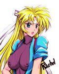  1girl blonde_hair blue_eyes breasts erect_nipples female headband japanese_clothes large_breasts martial_champion racheal 
