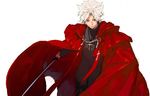  amakusa_shirou_(fate) brown_eyes cape cassock cowboy_shot cross cross_necklace dark_skin dark_skinned_male earrings fate/apocrypha fate_(series) jewelry katana looking_at_viewer male_focus necklace pako red_cape smile solo spiked_hair stole sword weapon white_hair 