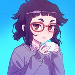  ahoge bangs black_hair blue_background blunt_bangs blush brown_eyes closed_mouth cup expressionless eyebrows freckles glasses holding holding_cup ilya_kuvshinov long_sleeves looking_at_viewer oshiete!_galko-chan otako_(galko) red-framed_eyewear short_hair sidelocks simple_background sleeves_past_wrists solo sweater teacup thick_eyebrows upper_body 