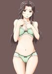  bare_shoulders blush bra brown_background collarbone cowboy_shot green_bra green_panties hands_on_own_chest head_tilt jintsuu_(kantai_collection) kantai_collection long_hair looking_at_viewer navel panties simple_background solo standing thigh_gap underwear underwear_only vent_arbre 