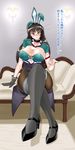  1girl black_gloves black_hair black_legwear breasts bunny_ears choker choukai_(kantai_collection) cleavage_cutout collarbone couch curvy female glasses gloves hair_ornament hat headgear high_heels highres kantai_collection large_breasts legs_crossed leotard long_hair looking_at_viewer negi pantyhose red_eyes ring shoes sitting smile solo text thick_thighs thighhighs translated wide_hips 