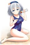  bad_id bad_pixiv_id barefoot blue_eyes hat kantai_collection kashima_(kantai_collection) long_hair lotion ringocha_(appleteatea) school_swimsuit sexually_suggestive silver_hair sitting smile solo squeeze_bottle swimsuit twintails wariza 