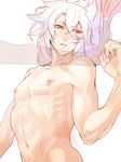  abs androgynous arched_back fang kogitsunemaru long_hair lying male_focus multiple_boys muscle nipples nude pectorals pubic_hair red_eyes touken_ranbu upper_body white_hair yaoi zuwai_kani 