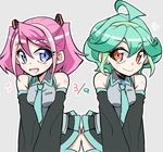  :d ahoge blue_eyes bracelet_girls cosplay detached_sleeves earrings green_hair hatsune_miku hatsune_miku_(cosplay) hiiragi_yuzu jewelry kaya_rio multiple_girls open_mouth orange_eyes pink_hair rin_(yuu-gi-ou_arc-v) short_hair short_twintails smile twintails vocaloid yuu-gi-ou yuu-gi-ou_arc-v 