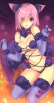  1girl :o absurdres animal_ears black_panties blush bow breasts choker cleavage craft_essence dangerous_beast elbow_gloves eyebrows_visible_through_hair eyes_visible_through_hair fang fate/grand_order fate_(series) fur-trimmed_gloves fur-trimmed_legwear fur_trim gloves hair_between_eyes hair_over_one_eye heart-work highres kneeling looking_at_viewer mash_kyrielight medium_breasts navel o-ring o-ring_top panties pink_hair pumpkin purple_eyes purple_gloves purple_legwear red_bow red_ribbon revealing_clothes ribbon shiny shiny_skin short_hair solo suzuhira_hiro tail thighhighs underwear wolf_ears wolf_tail 