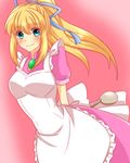  1girl apron blonde_hair blue_eyes blush breasts dress frills lilith_aileron long_hair pink_background ponytail ribbon smile tales_of_(series) tales_of_destiny 