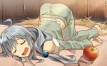  apple aqua_(konosuba) blue_hair blush cheese_kang food fruit kono_subarashii_sekai_ni_shukufuku_wo! long_hair pajamas saliva sleeping smile solo top-down_bottom-up 