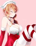  breasts brown_eyes cleavage_cutout dated elbow_gloves gloves headdress kantai_collection large_breasts light_brown_hair littorio_(kantai_collection) one_eye_closed pink_background red_gloves santa_costume santa_gloves solo striped striped_legwear tebi_(tbd11) thighhighs 