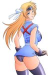  blonde_hair blue_eyes breasts headband japanese_clothes large_breasts leotard looking_back martial_champion racheal thighhighs 