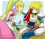  1boy 1girl apron armor belt blonde_hair blue_eyes boots breasts brother_and_sister dress fingerless_gloves frills gloves hairband lilith_aileron long_hair one_eye_closed open_mouth pants ponytail stahn_aileron tales_of_(series) tales_of_destiny 