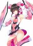  1girl armor bangs bare_shoulders black_hair blunt_bangs breasts commentary_request covered_navel elbow_gloves gauntlets gloves hair_ornament headgear highres leotard long_hair looking_at_viewer nagayori pink_eyes pink_legwear senki_zesshou_symphogear shiny shiny_clothes shiny_hair shiny_skin simple_background skirt small_breasts solo standing thighhighs tsukuyomi_shirabe twintails white_background yo-yo 