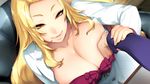  1girl akeiro_kaikitan blonde_hair braid breast_grab breasts cleavage collarbone game_cg grabbing guided_breast_grab huge_breasts katsuragi_youko long_hair looking_at_viewer out_of_frame smile solo_focus sumeragi_kohaku yellow_eyes 