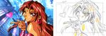  1girl 90s bare_shoulders choujin_gakuen_gowcaizer comparison female karin_son kiss layout outdoors partially_colored sakuga sky son_karin wink work_in_progress 