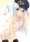  anchor_symbol blue_eyes blush collarbone covered_navel flat_cap flat_chest hat hibiki_(kantai_collection) kantai_collection long_hair looking_at_viewer open_mouth rouka_(akatyann) see-through silver_hair solo swimsuit thighhighs wet wet_clothes wet_swimsuit 