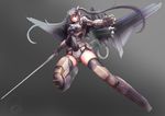  2015 absurdres ammunition_belt armor artist_name dated facial_mark gradient gradient_background highres long_hair mecha_musume outstretched_arm red_eyes shou_mai silver_hair solo sword twintails weapon 