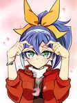  blue_hair bow bracelet cherry_blossoms green_eyes hair_bow jacket jewelry kaya_rio multicolored_hair petals ponytail serena_(yuu-gi-ou_arc-v) smile solo two-tone_hair upper_body yuu-gi-ou yuu-gi-ou_arc-v 