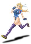  1girl blonde_hair blue_eyes breasts female headband japanese_clothes large_breasts leotard martial_champion racheal running thighhighs wink 