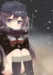  adapted_costume akatsuki_(kantai_collection) anchor can canned_coffee coat commentary convenient_leg flat_cap hat holding kantai_collection long_hair open_mouth pleated_skirt purple_eyes purple_hair rouka_(akatyann) scarf sitting skirt snow snowing solo steam translated 