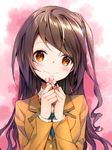  :&gt; blazer blush brown_hair flower head_tilt highres holding holding_flower idolmaster idolmaster_cinderella_girls jacket juna long_hair long_sleeves looking_at_viewer one_side_up orange_eyes school_uniform shimamura_uzuki solo 