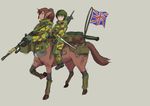  black_gloves blonde_hair blue_eyes brown_hair centaur gloves grey_background gun holding holding_gun holding_weapon mikoyan military military_uniform monster_girl multiple_girls original pointy_ears ponytail riding simple_background uniform union_jack weapon 