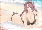  arm_support ass beach bikini black_bikini breasts camilla_(fire_emblem_if) cleavage day fire_emblem fire_emblem_if front-tie_top hair_over_one_eye hand_in_hair headgear horned_headwear large_breasts lips long_hair looking_at_viewer purple_eyes purple_hair smile solo swimsuit tiara tico 