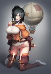  :o aircraft balloon bare_shoulders belt black_hair boots breasts brown_footwear brown_legwear covered_nipples highres hot_air_balloon kneeling kunai large_breasts looking_at_viewer mouse naco_(manacool) original panties panty_pull ponytail pouch propeller solo string_panties thigh_boots thighhighs underwear weapon yellow_eyes 