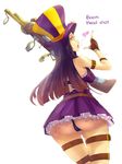 ass belt breasts brown_hair caitlyn_(league_of_legends) english fingerless_gloves gloves gun hat heart highres league_of_legends long_hair looking_at_viewer looking_back medium_breasts mitchlin panties purple_panties red_eyes rifle simple_background skirt sniper_rifle solo thighs top_hat underwear weapon white_background 