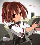  brown_eyes brown_hair cannon character_name hair_ribbon ise_(kantai_collection) japanese_clothes kamiyoshi_rika kantai_collection looking_at_viewer machinery open_mouth ponytail ribbon ribbon_trim short_hair short_sleeves solo turret upper_body 