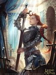  armor artstation_sample blue_eyes braid breastplate commentary freckles full_armor greaves halberd image_sample legend_of_the_cryptids lips long_hair nose plate_armor polearm realistic red_hair scabbard sheath single_braid solo sword tatiana_kirgetova unsheathing weapon 