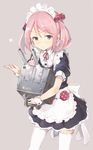  alternate_costume apron badge bunny commentary enmaided frills hair_bobbles hair_ornament heart highres holding holding_weapon kantai_collection looking_at_viewer maid maid_headdress pink_background pink_eyes pink_hair puffy_short_sleeves puffy_sleeves sazanami_(kantai_collection) short_hair short_sleeves simple_background skirt solo sumisu_(mondo) thighhighs turret twintails waist_apron weapon white_legwear wrist_cuffs zettai_ryouiki 