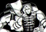  abs birthmark chromatic_aberration clenched_teeth dio_brando ega_(pirorinpa) fangs jojo_no_kimyou_na_bouken male_focus monochrome muscle spot_color stand_(jojo) stardust_crusaders teeth the_world turtleneck wristband yellow_eyes 