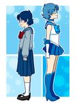  back-to-back bishoujo_senshi_sailor_moon blue_choker blue_footwear blue_hair blue_neckwear blue_sailor_collar blue_skirt boots bow bowtie choker dual_persona from_side glasses juuban_middle_school_uniform knee_boots long_sleeves miniskirt mizuno_ami multiple_girls pleated_skirt profile sailor_collar sailor_mercury sailor_senshi_uniform sakurarose12 school_uniform short_hair skirt standing w.i.t.c.h. watermark web_address 