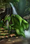  2018 absurd_res day detailed_background deviant-soulmates digital_media_(artwork) dragon female feral forest green_scales hi_res horn illustration jewelry membranous_wings outside purple_eyes scales solo spines tree water waterfall wings 