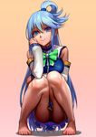  aqua_(konosuba) as109 bare_shoulders barefoot blue_eyes blue_hair breasts chin_rest detached_sleeves feet hair_ornament hair_rings highres kono_subarashii_sekai_ni_shukufuku_wo! large_breasts long_hair long_legs looking_at_viewer no_panties revision skirt smile solo squatting toes upskirt very_long_hair 