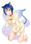  absurdres animal_ears bell bell_collar blue_hair blush bottomless bow breasts cat_ears cat_tail collar cosplay fang hair_bow highres k_(anime) looking_at_viewer mole mole_under_eye neko_(k) nisekoi open_mouth pom_pom_(clothes) red_eyes ribbon seiyuu_connection short_hair solo tail tail_ribbon tsugumi_seishirou 