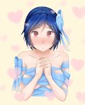  artist_request bare_shoulders blue_hair blush bow breasts collarbone hair_bow hair_ribbon hands_clasped heart heart-shaped_pupils highres large_breasts looking_at_viewer mole mole_under_eye naked_ribbon nisekoi own_hands_together red_eyes ribbon short_hair solo symbol-shaped_pupils tsugumi_seishirou 