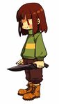  blush_stickers boots brown_footwear brown_hair chara_(undertale) dagger full_body holding holding_weapon knee_boots long_sleeves pants red_eyes semi_kon short_hair simple_background smile solo spoilers standing striped striped_sweater sweater undertale weapon white_background |_| 
