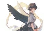  black_hair black_skirt black_wings chin_strap cowboy_shot eyebrows floral_print from_side hat misti pointy_ears profile puffy_short_sleeves puffy_sleeves red_eyes shameimaru_aya shirt short_hair short_sleeves simple_background skirt solo standing tokin_hat touhou white_shirt wings 