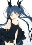  black_dress black_hair breasts bubble cleavage dress floating_hair grey_eyes hatsune_miku long_hair looking_at_viewer lpip medium_breasts open_mouth outstretched_arm ribbon shinkai_shoujo_(vocaloid) simple_background sleeveless smile solo twintails very_long_hair vocaloid water white_background 